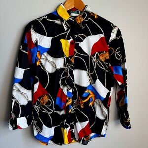 Lauren Ralph Lauren Nautical Sailing Flag Print Button‎ Up Blouse Black Medium